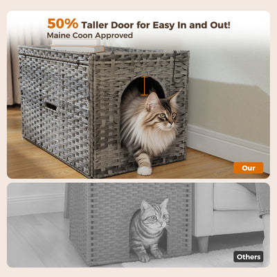 Rattan Cat Litter Box Enclosure with Taller Doorway and Flip-Up Design-More Space Raised Edge Mat-Cat House Cabinet Furniture