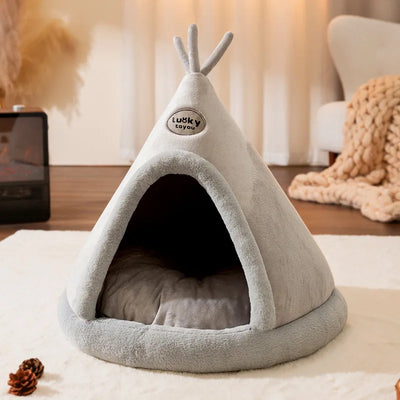 Cat House Bed Cat Nest Puppy Teepee Dog Tent with Cushion for Cats Kitten Small Dogs Puppies Pet Winter Warm Plush Enclosed Bed