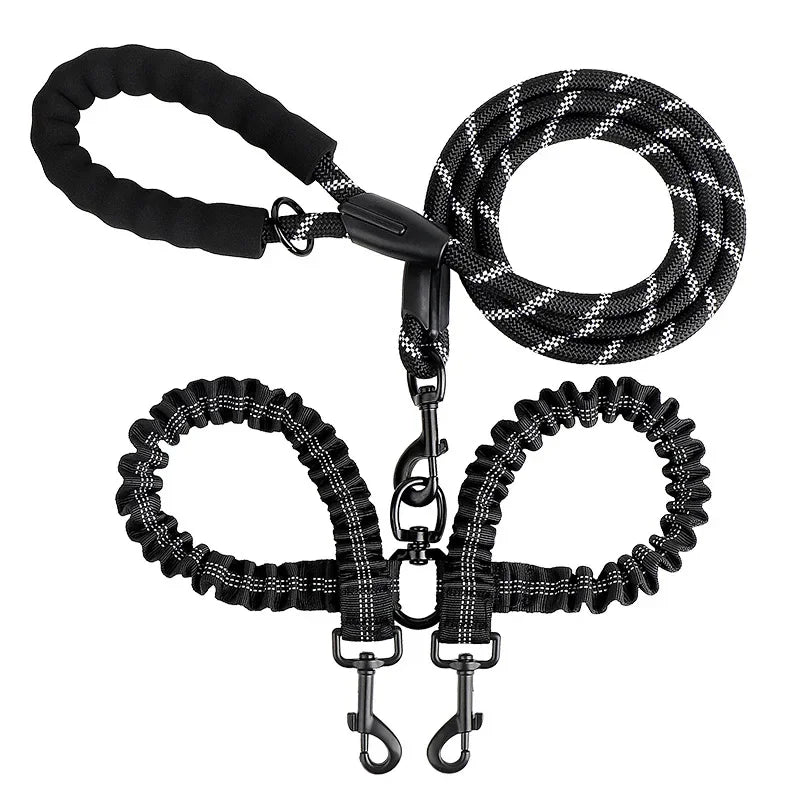 New Double Head Pet Towing Rope One Drag Two Night Reflection Anti Winding Elastic Nylon Walking Dog Rope Supplies Accessories