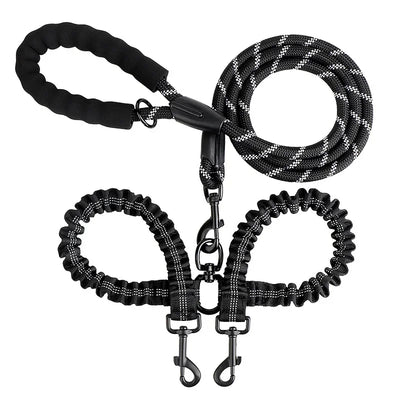 New Double Head Pet Towing Rope One Drag Two Night Reflection Anti Winding Elastic Nylon Walking Dog Rope Supplies Accessories