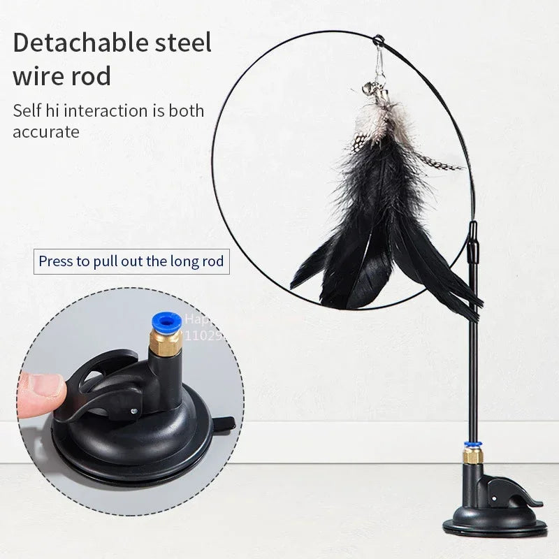 Suction Cup Cat Teasing Stick Cat Toy Interactive Feather Toy Cat Rod Steel Wire Suction Cup Feather Cat Toy Bell Cat Teasing Bi