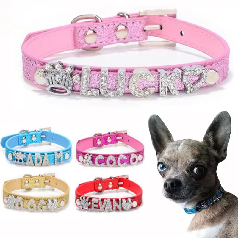 Personalized Dog Collar Fashion Bling Rhinestone Pet Free Diy Name Dog Necklace Custome Leather Dog Collars Pet Dog Accessories
