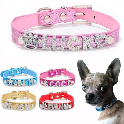 Personalized Dog Collar Fashion Bling Rhinestone Pet Free Diy Name Dog Necklace Custome Leather Dog Collars Pet Dog Accessories