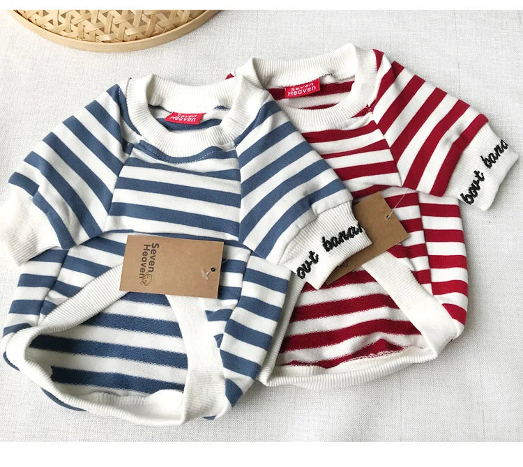 Pet parent-child clothing Dog and cat striped sweatshirt embroidered pure cotton two-legged clothes suitable for small dog