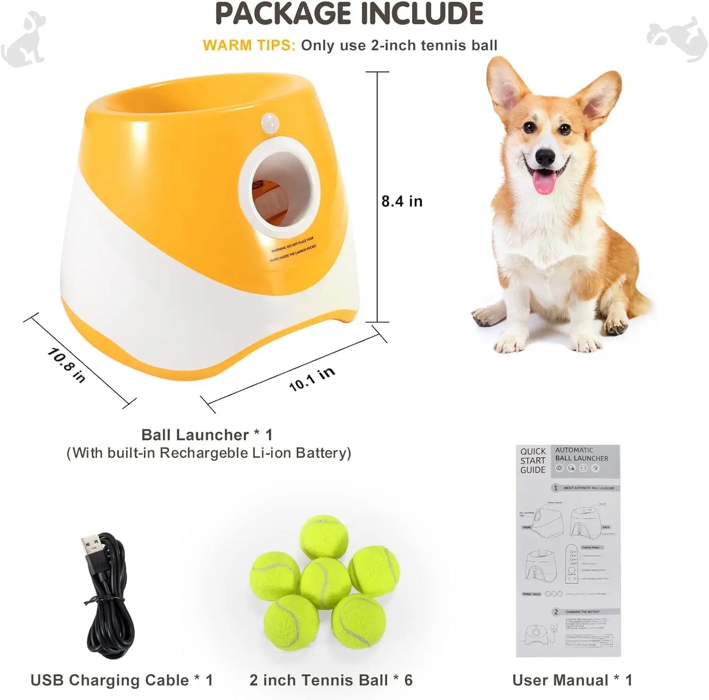 Dog Launcher Automatic Dogs Chase Toy Tennis Throwing Pinball Machine Fun Interactive Throw Rechargable Catapult USB Charging PawPrint Treasures