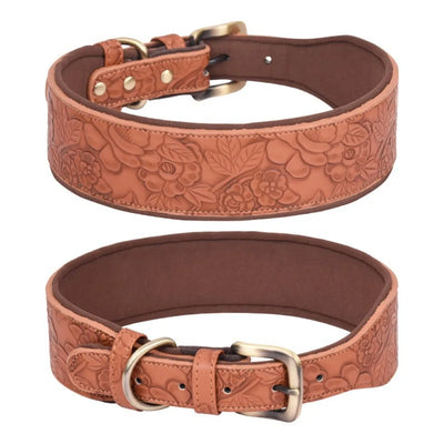 Wide Padded Embossing Leather Dog Collar NoPull Comfortable Puppy Collar Outdoor Pet Accessories
