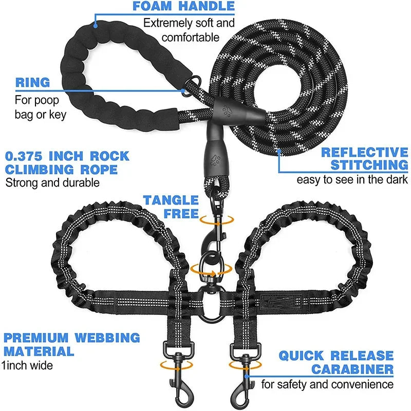 New Double Head Pet Towing Rope One Drag Two Night Reflection Anti Winding Elastic Nylon Walking Dog Rope Supplies Accessories