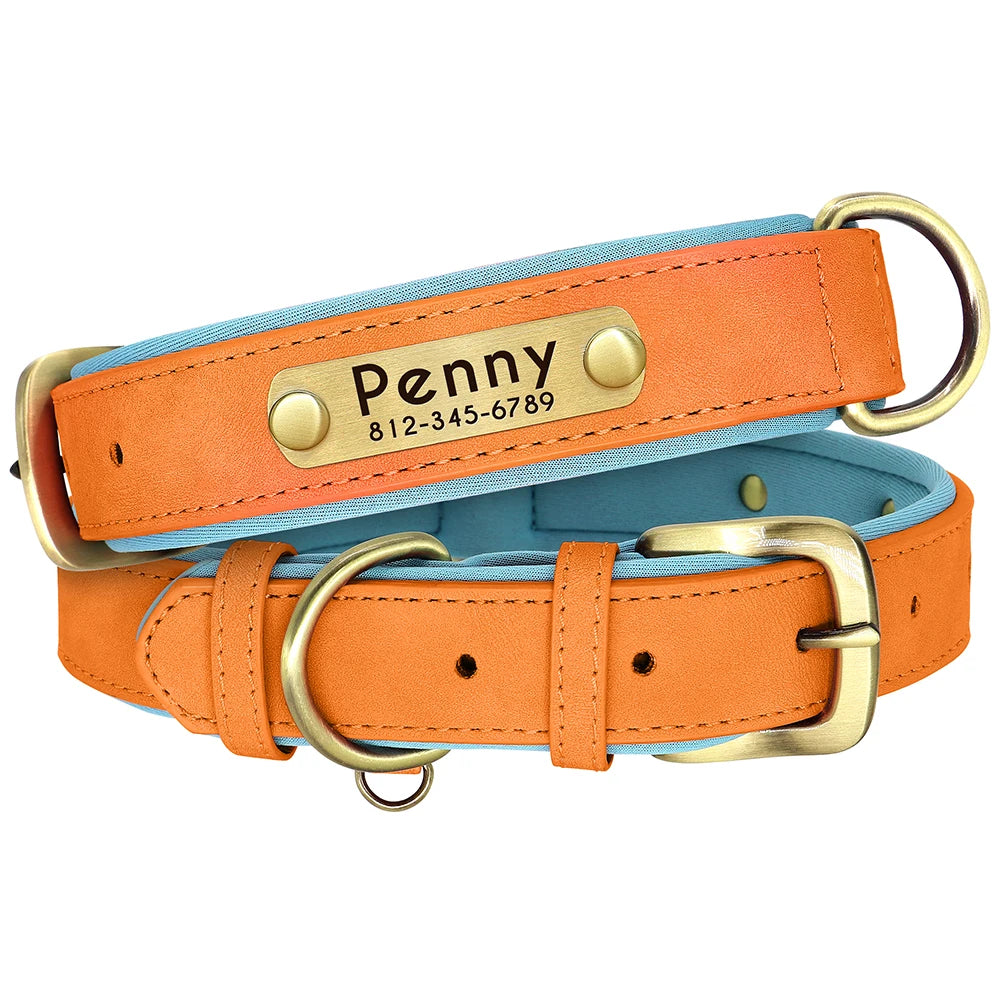 Custom PU Leather Dog Collar Free Engraving Dog Collars Adjustable Pet Pitbull Necklace Soft Padded for Small Medium Large Dogs