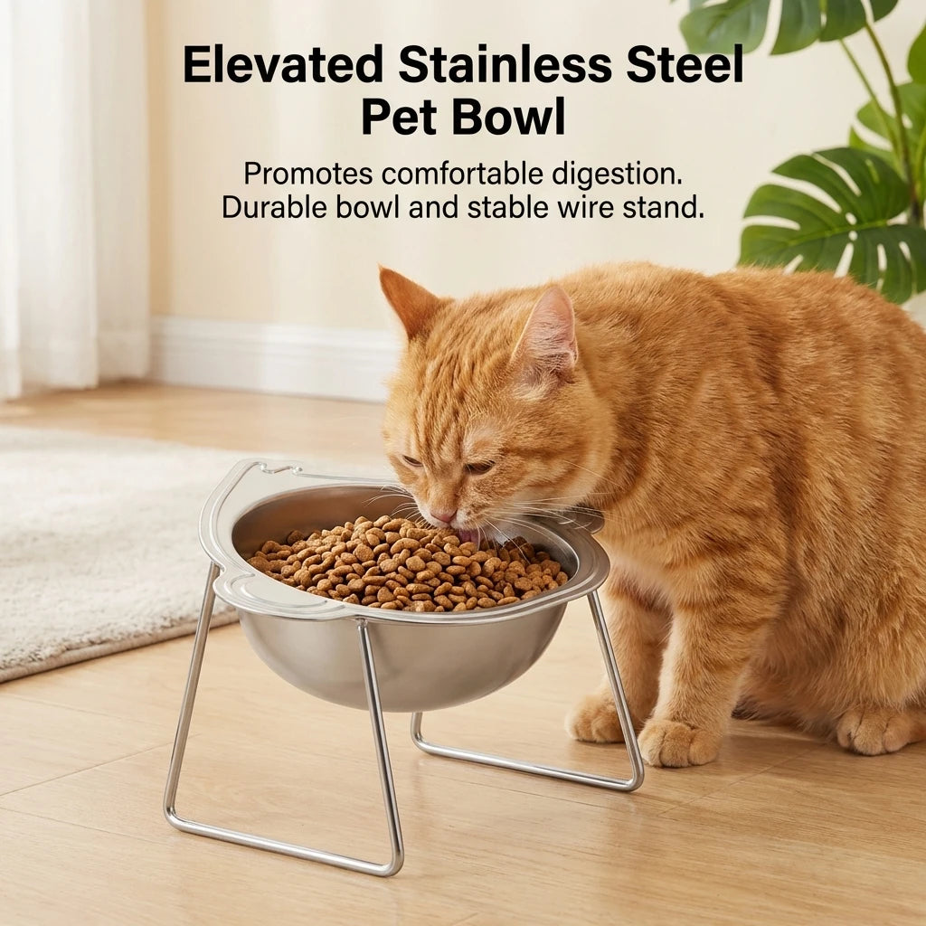Stainless Steel Cat Bowl with Stand Anti Cervical Spondylosis Pet Raised Food and Water Dish for Cats and Dogs Dual Use Feeder