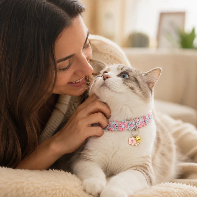 Lovely Cat Collar With Bell Colorful Knitted Flower Pet Collar Dog Puppy Kitten Necklace Adjustable Buckle Pet Cat Accessories