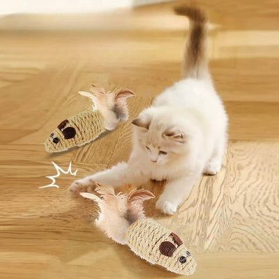 Cat Toy Mouse with Crinkle Sound Rope Feather Fun Interactive Play Kitten Teaser