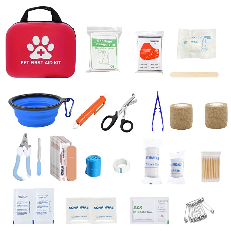 Pet First Aid Kit: Contains emergency supplies and an emergency blanket, suitable for hiking, camping, and backpacking.