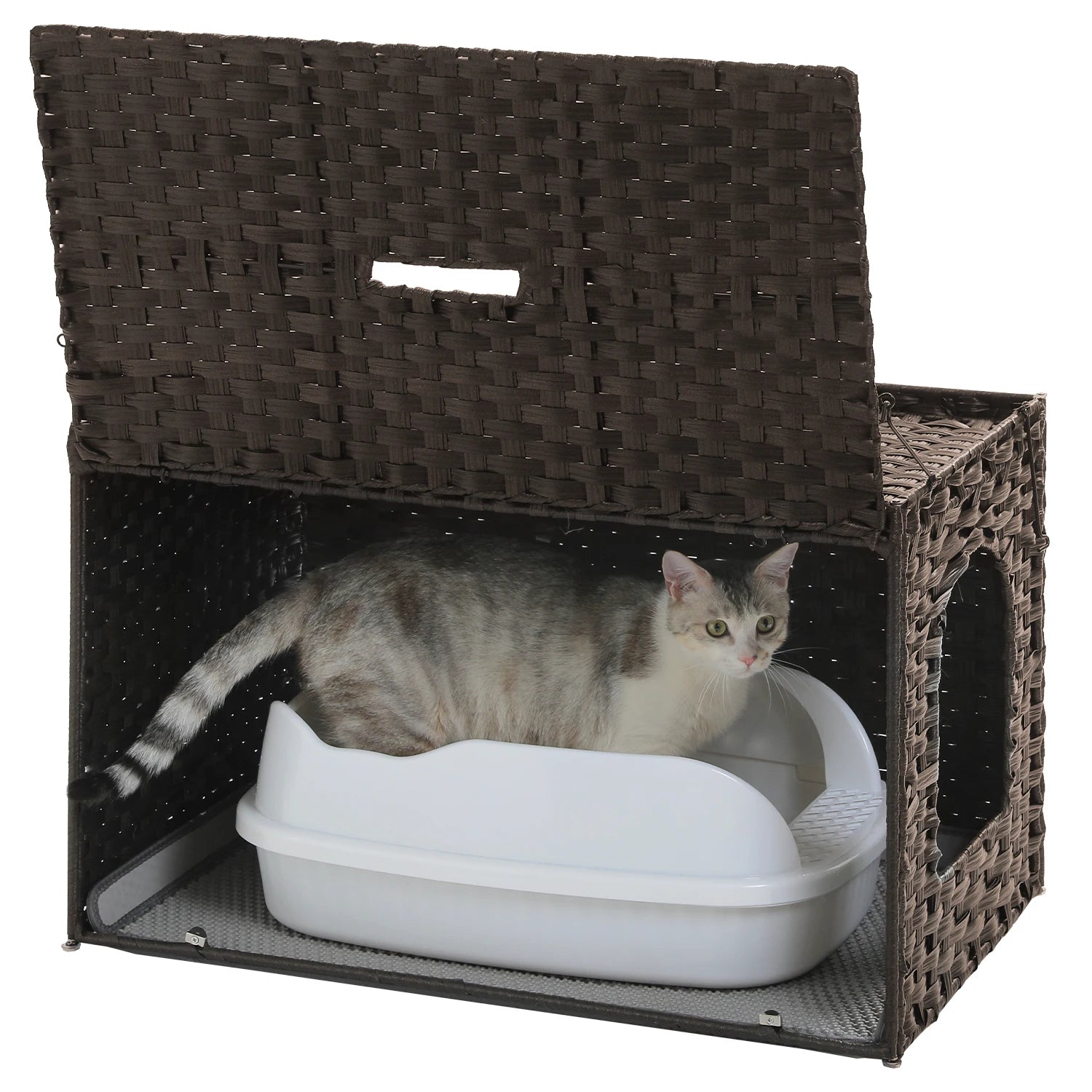 Rattan Cat Litter Box Enclosure with Taller Doorway and Flip-Up Design-More Space Raised Edge Mat-Cat House Cabinet Furniture