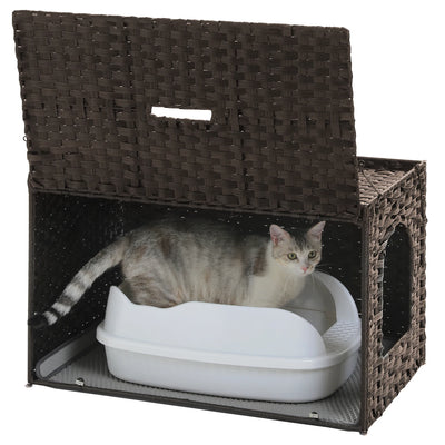 Rattan Cat Litter Box Enclosure with Taller Doorway and Flip-Up Design-More Space Raised Edge Mat-Cat House Cabinet Furniture