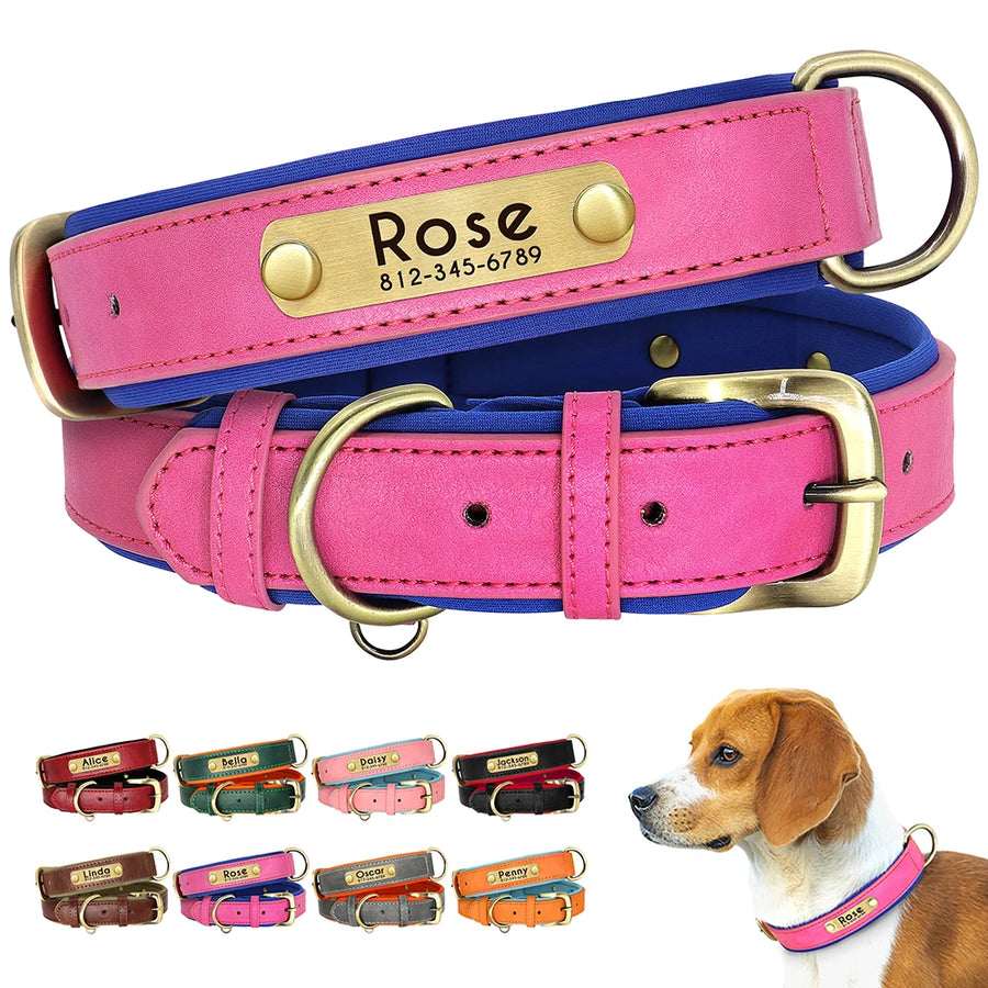 Custom PU Leather Dog Collar Free Engraving Dog Collars Adjustable Pet Pitbull Necklace Soft Padded for Small Medium Large Dogs