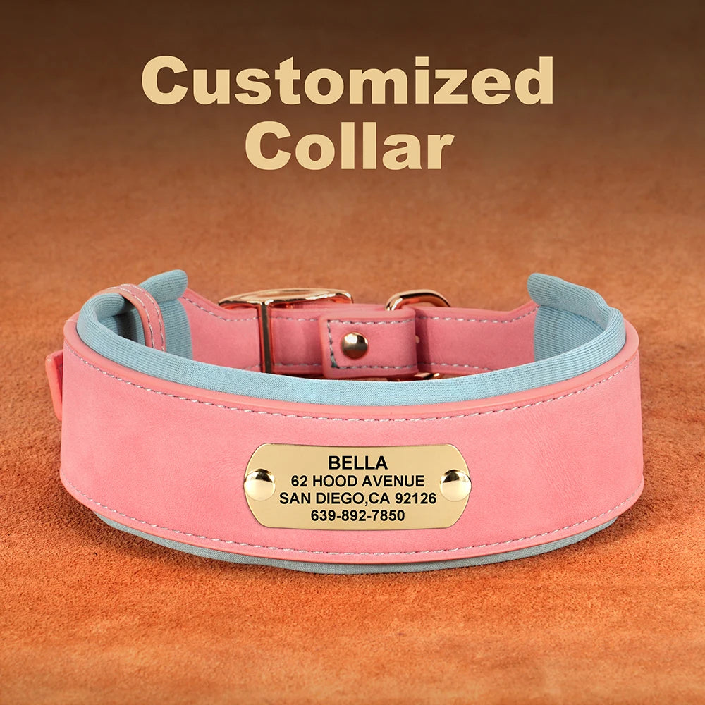 Personalized Wide Dog Collar PU Leather Customized Dogs Tag Collars Padded Pet Collar for Small Medium Large Dogs Pitbull Buldog