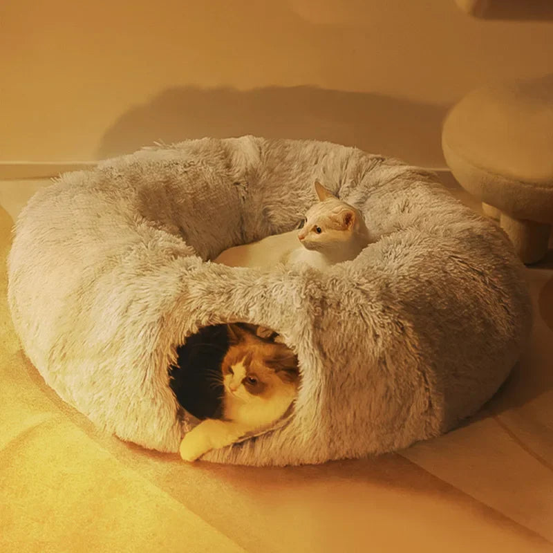 2 In 1 Round Cat Beds House Funny Cat Tunnel Toy Soft Long Plush Dog Bed For Small Dogs Basket Kittens Bed Mat Kennel Winter
