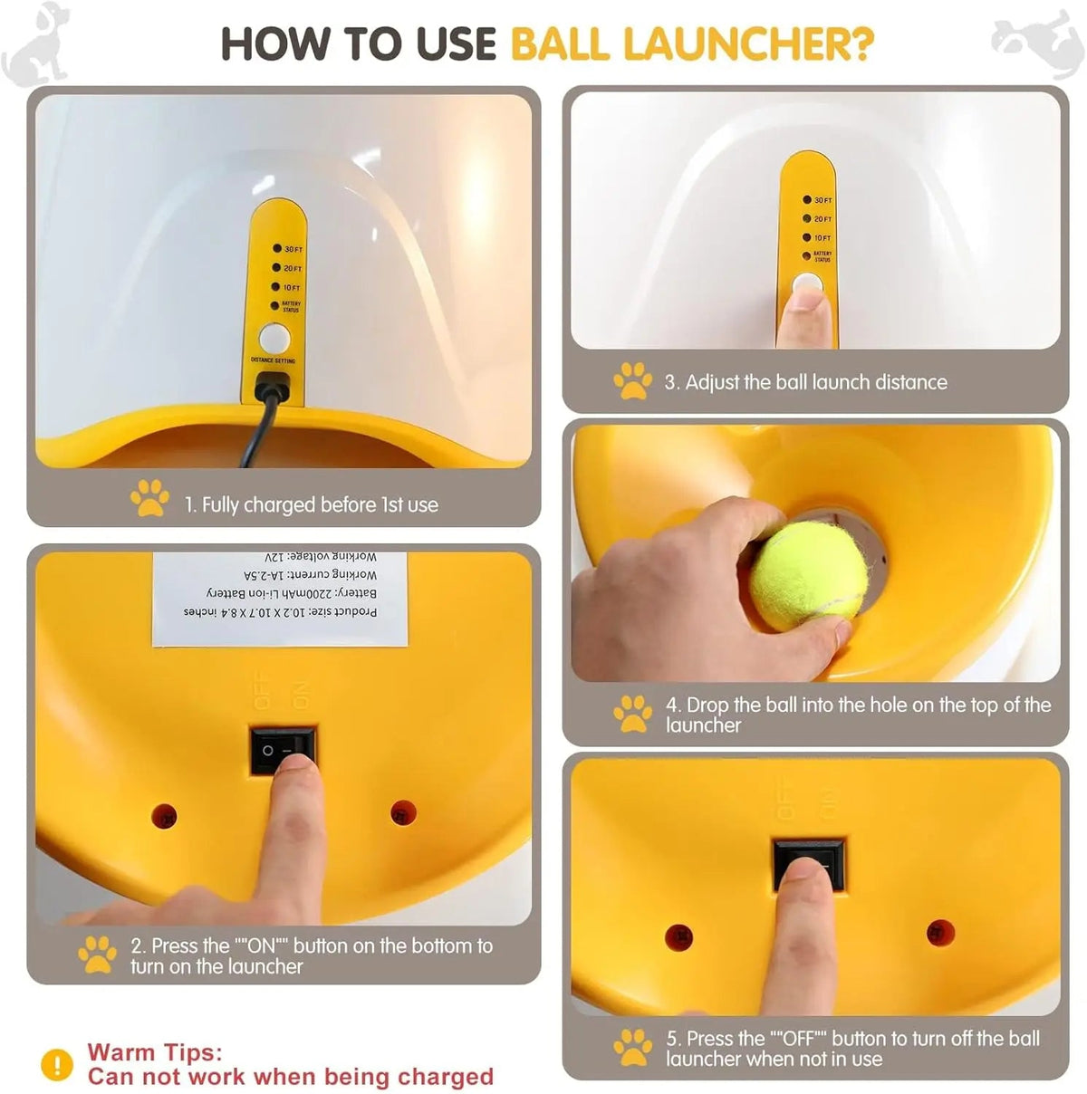 Dog Launcher Automatic Dogs Chase Toy Tennis Throwing Pinball Machine Fun Interactive Throw Rechargable Catapult USB Charging PawPrint Treasures