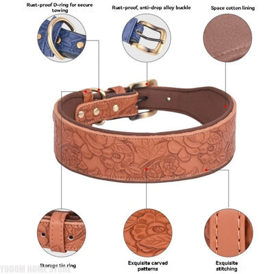 Wide Padded Embossing Leather Dog Collar NoPull Comfortable Puppy Collar Outdoor Pet Accessories