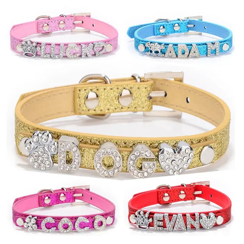 Personalized Dog Collar Fashion Bling Rhinestone Pet Free Diy Name Dog Necklace Custome Leather Dog Collars Pet Dog Accessories