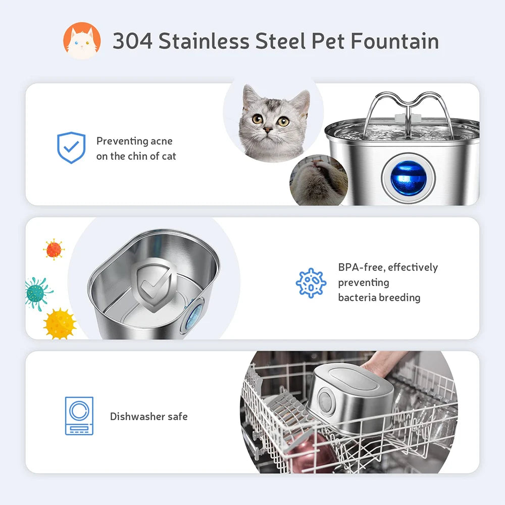 3.2L Stainless Steel Pet Water Dispenser - A Quiet Filter Pump Powered by USB, Smart Drinking Fountain for Cats and Dogs