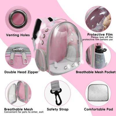 This pink expandable cat backpack can hold up to 20 pounds (approximately 9.1 kg) and is suitable for all types of cats and dogs