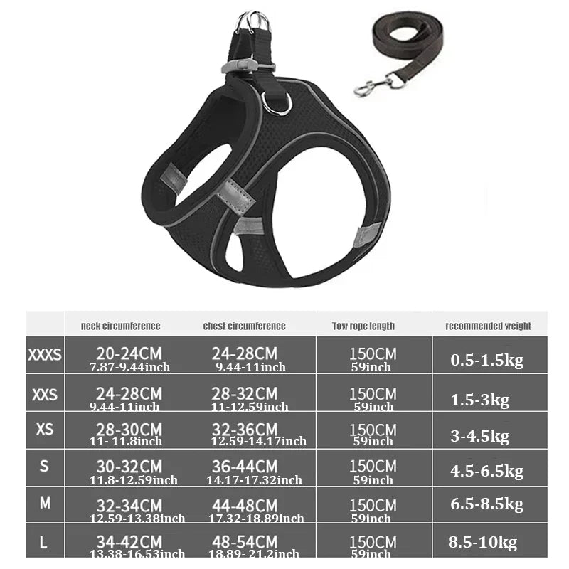 Reflective Pet Harness Dogs Strap with Leash Adjustable Harness Vest Breathable Collars for Chihuahua Small Large Dogs