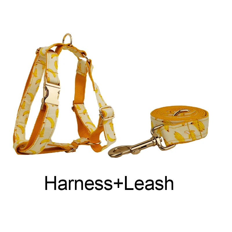 Hot Selling Custom Design Logo Sublimation Soft Cotton Banana Printing Pet Accessories Dog Collar Leashes Harness Bow Fruit 02