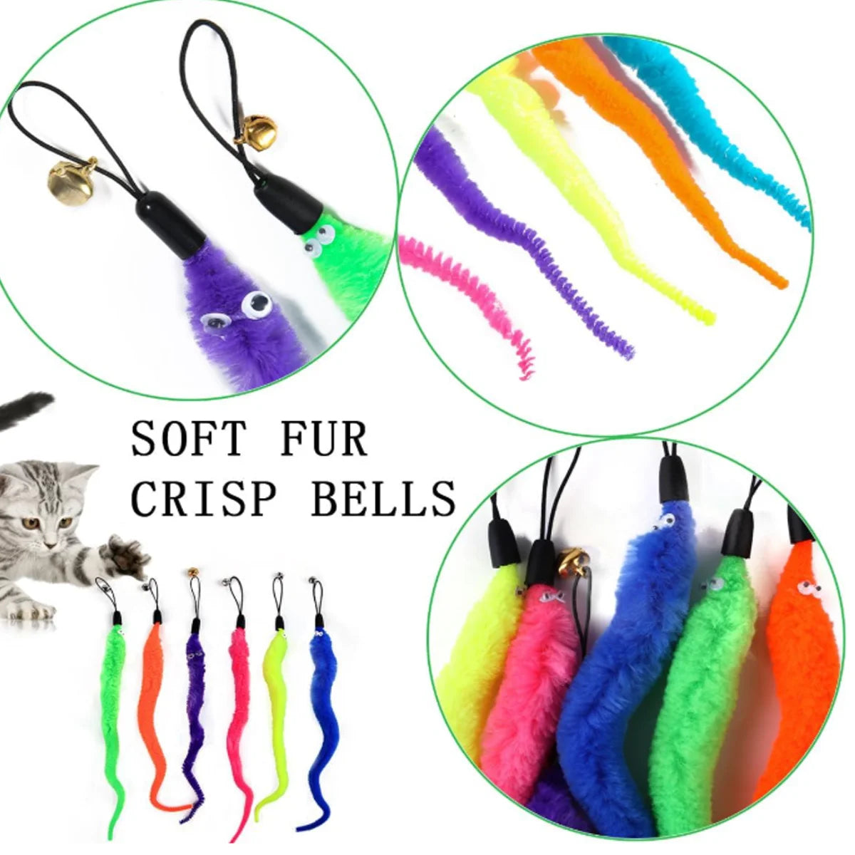 3 Pcs Cat Larva Toy Replacement Set Featuring Soft  Curved Insects With Bells Suitable For Interactive Catching Rods Indoor Cats