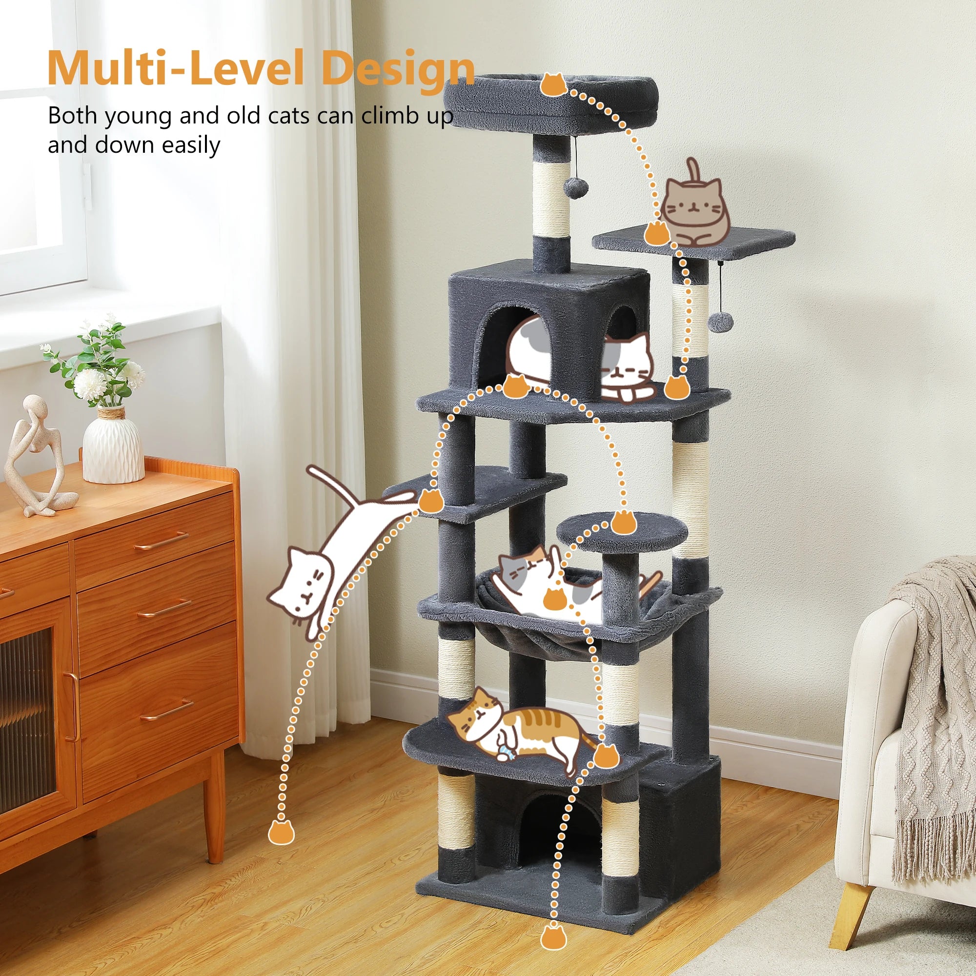 Tall Cat Tree with Scratching Posts Spacious Hammocks Large Condos Large Cat Tower for Indoor Cat Scratcher Cat Toys Accessories
