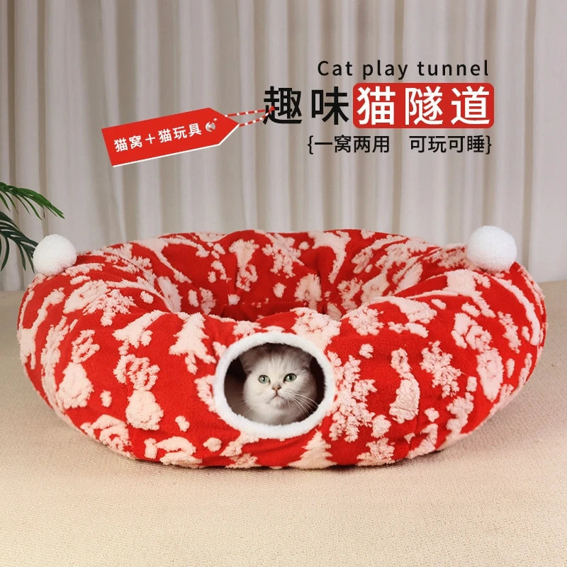 Cat Tunnel Foldable All Season Soft Jacquard Plush Extra Large Hole Play Tube For Kittens And Adult Cats Home Cozy Hideaway