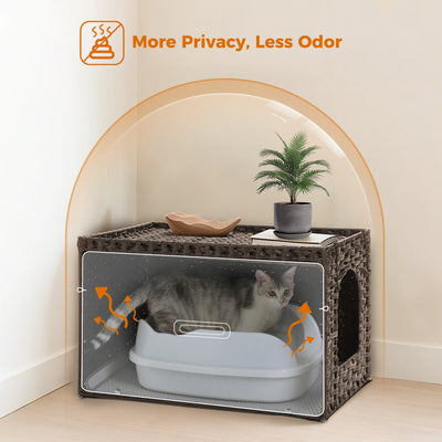 Rattan Cat Litter Box Enclosure with Taller Doorway and Flip-Up Design-More Space Raised Edge Mat-Cat House Cabinet Furniture
