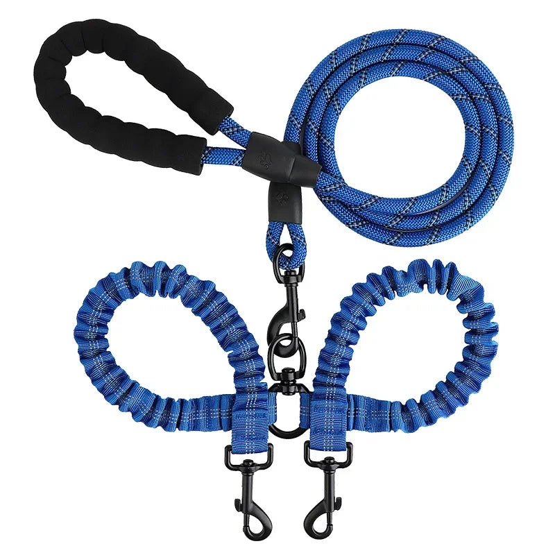 New Double Head Pet Towing Rope One Drag Two Night Reflection Anti Winding Elastic Nylon Walking Dog Rope Supplies Accessories