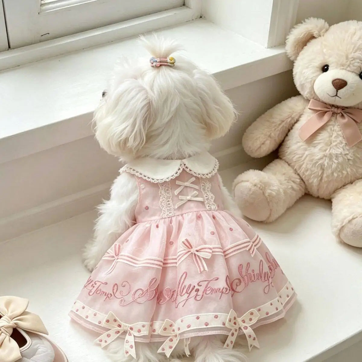 Pet Dog Cats Clothes Korean Pink Print Bow Cute Princess Dresses for Small Medium Dog 2026 Summer Puppy Home Wear Skirt Clothing PawPrint Treasures