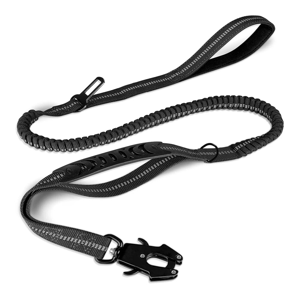 Tactical Dog Leash Heavy Duty, 4-6FT Shock Absorbing Bungee Lead with 2 Padded Handle, Metal Carabiner Clip, Car Seatbelt, Stron