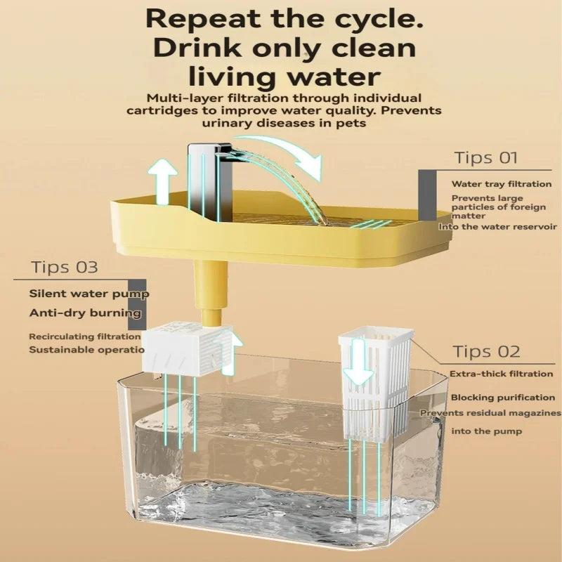 Silent Pump Cat Water Fountain Transparent Visible Design Auto Filter Recirculate Water Dispenser USB Anti-Dry Burning