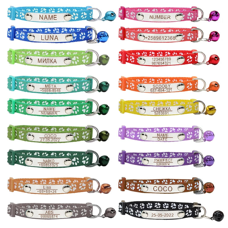 Personalized ID Paw Dog Collar Adjustable Nylon with Bell Custom Engraving Puppy Kittens Necklace for Cat Collar