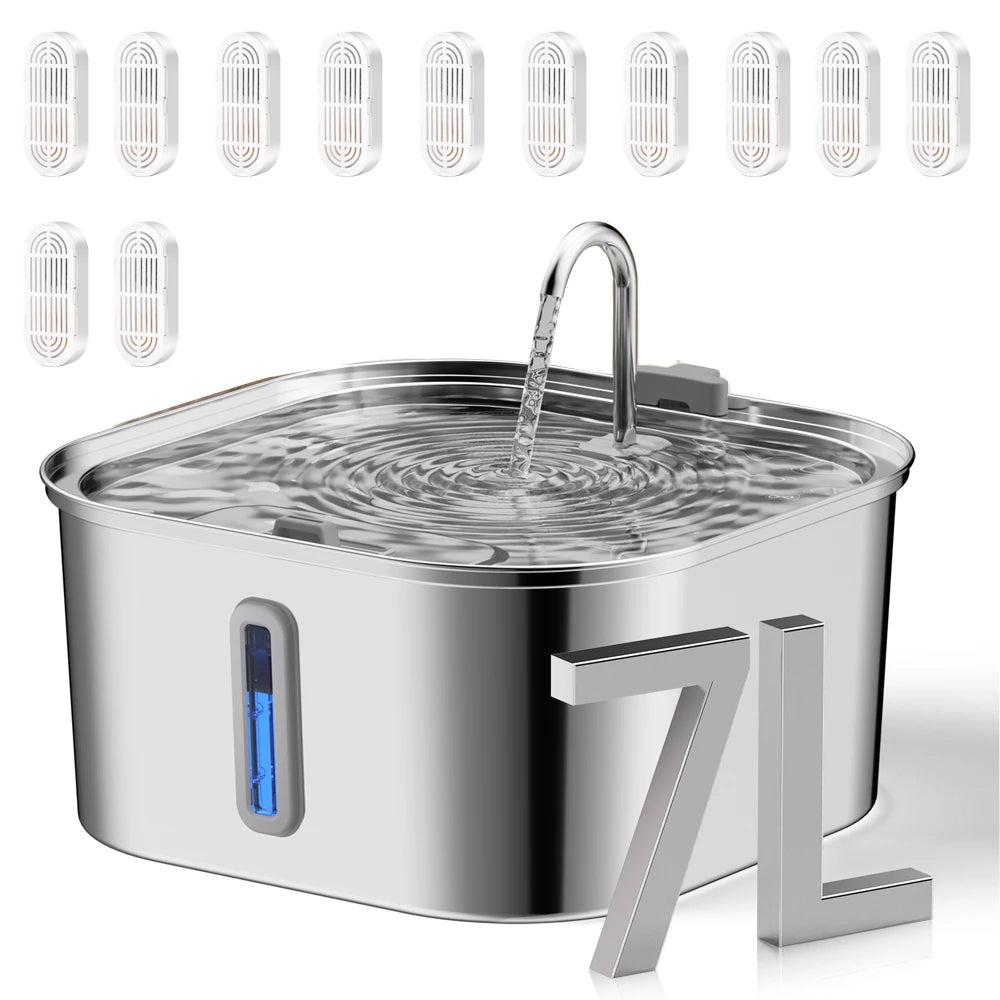 7L Stainless Steel Pet Water Dispenser Automatic Water Fountain USB Silent Water Pump Water Dispenser+Filter Set for Cats