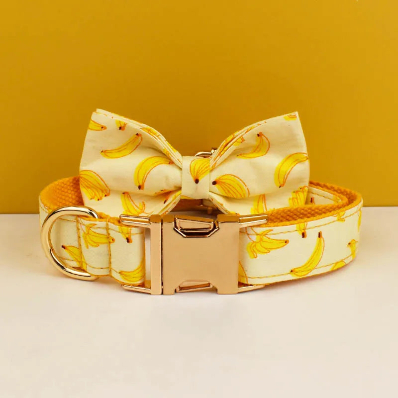 Hot Selling Custom Design Logo Sublimation Soft Cotton Banana Printing Pet Accessories Dog Collar Leashes Harness Bow Fruit 02
