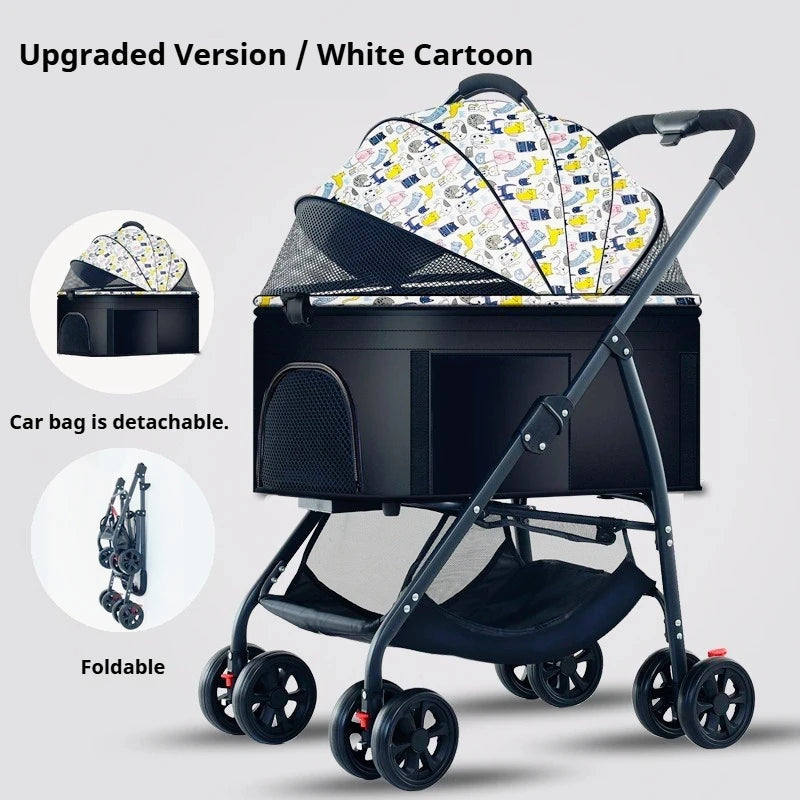 Lightweight folding pet trolley, cat and dog bag can be separated from the cage, small pet car can carry pet sleeping basket PawPrint Treasures