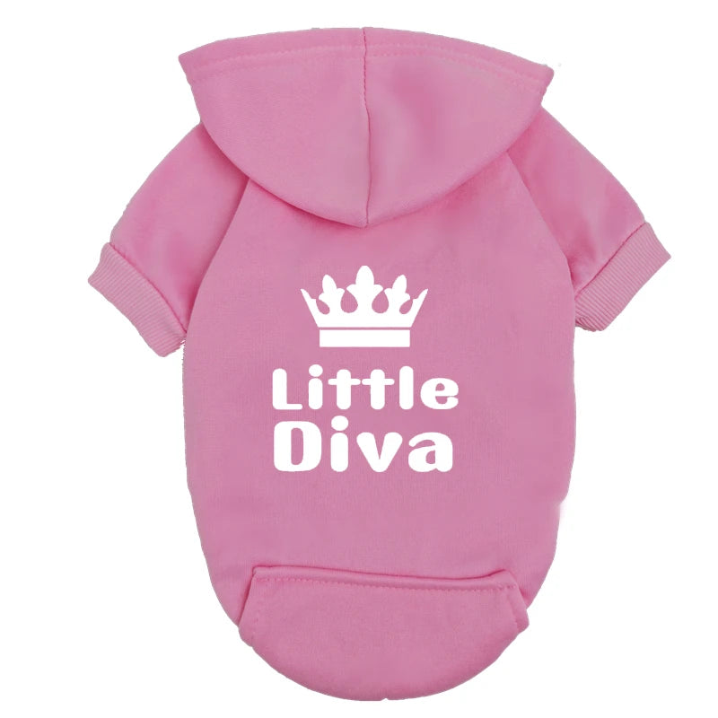 Pet Hoodie Pink "Little Diva" - Fleece-Lined Dog Sweatshirt with Crown - Warm Puppy Clothes for Small Breeds - Winter Apparel
