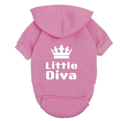Pet Hoodie Pink "Little Diva" - Fleece-Lined Dog Sweatshirt with Crown - Warm Puppy Clothes for Small Breeds - Winter Apparel