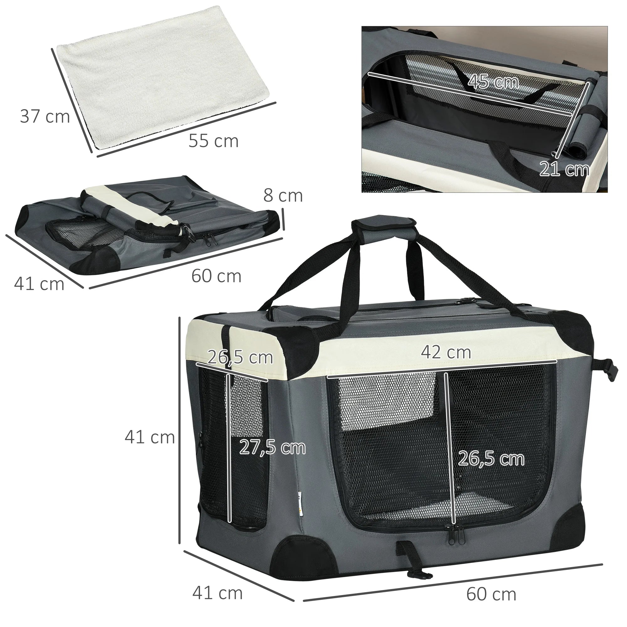 Pawhut Carrier for Dogs and Cats Foldable Pet Transport Bag with Cushion 60X41X41 cm Gray
