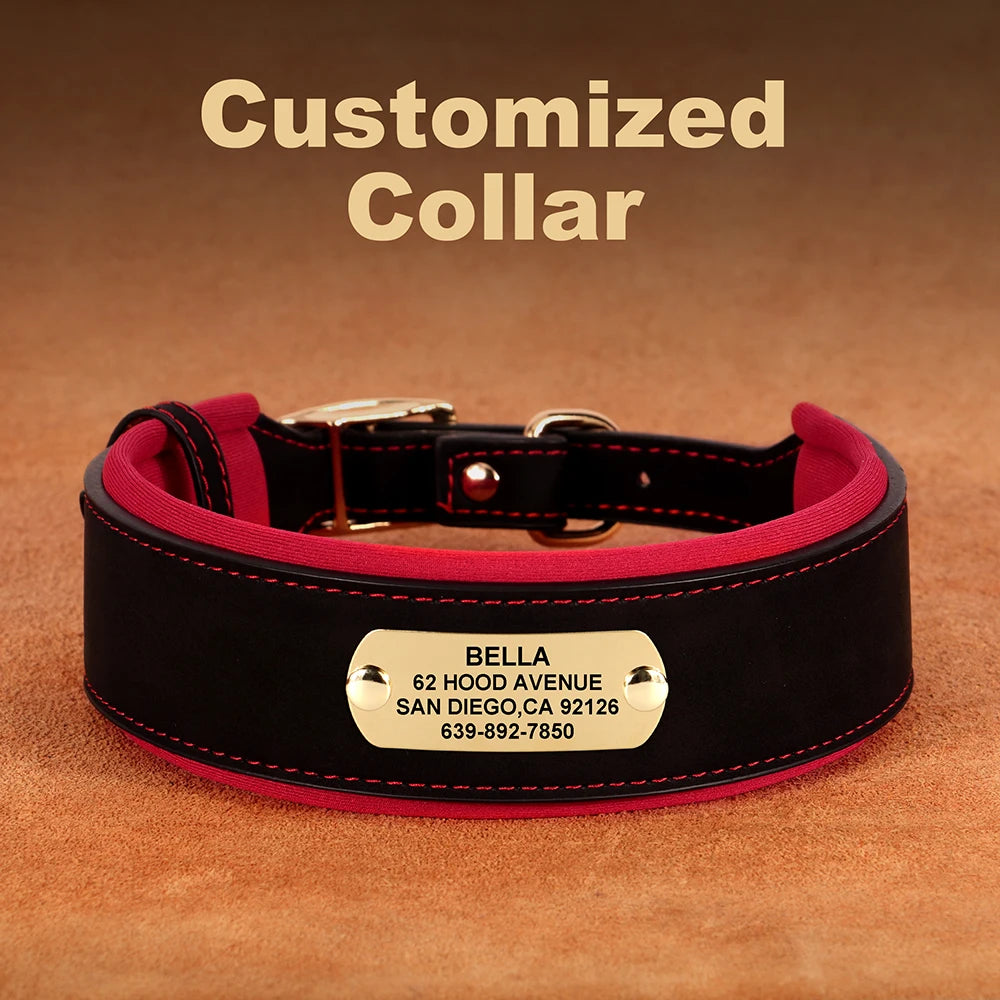 Personalized Wide Dog Collar PU Leather Customized Dogs Tag Collars Padded Pet Collar for Small Medium Large Dogs Pitbull Buldog
