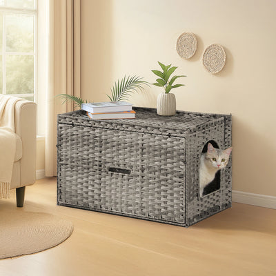 Rattan Cat Litter Box Enclosure with Taller Doorway and Flip-Up Design-More Space Raised Edge Mat-Cat House Cabinet Furniture