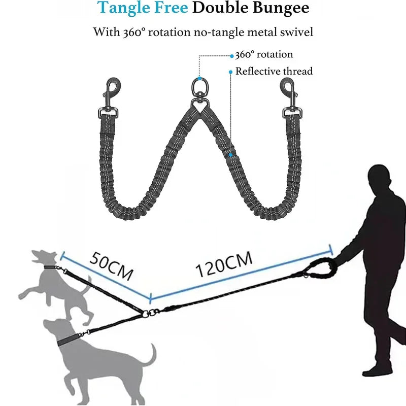 New Double Head Pet Towing Rope One Drag Two Night Reflection Anti Winding Elastic Nylon Walking Dog Rope Supplies Accessories