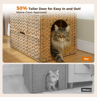 Rattan Cat Litter Box Enclosure with Taller Doorway and Flip-Up Design-More Space Raised Edge Mat-Cat House Cabinet Furniture
