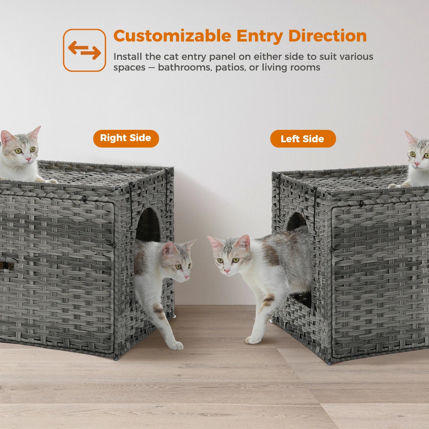Rattan Cat Litter Box Enclosure with Taller Doorway and Flip-Up Design-More Space Raised Edge Mat-Cat House Cabinet Furniture
