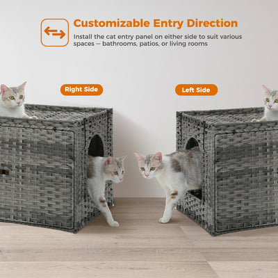 Rattan Cat Litter Box Enclosure with Taller Doorway and Flip-Up Design-More Space Raised Edge Mat-Cat House Cabinet Furniture