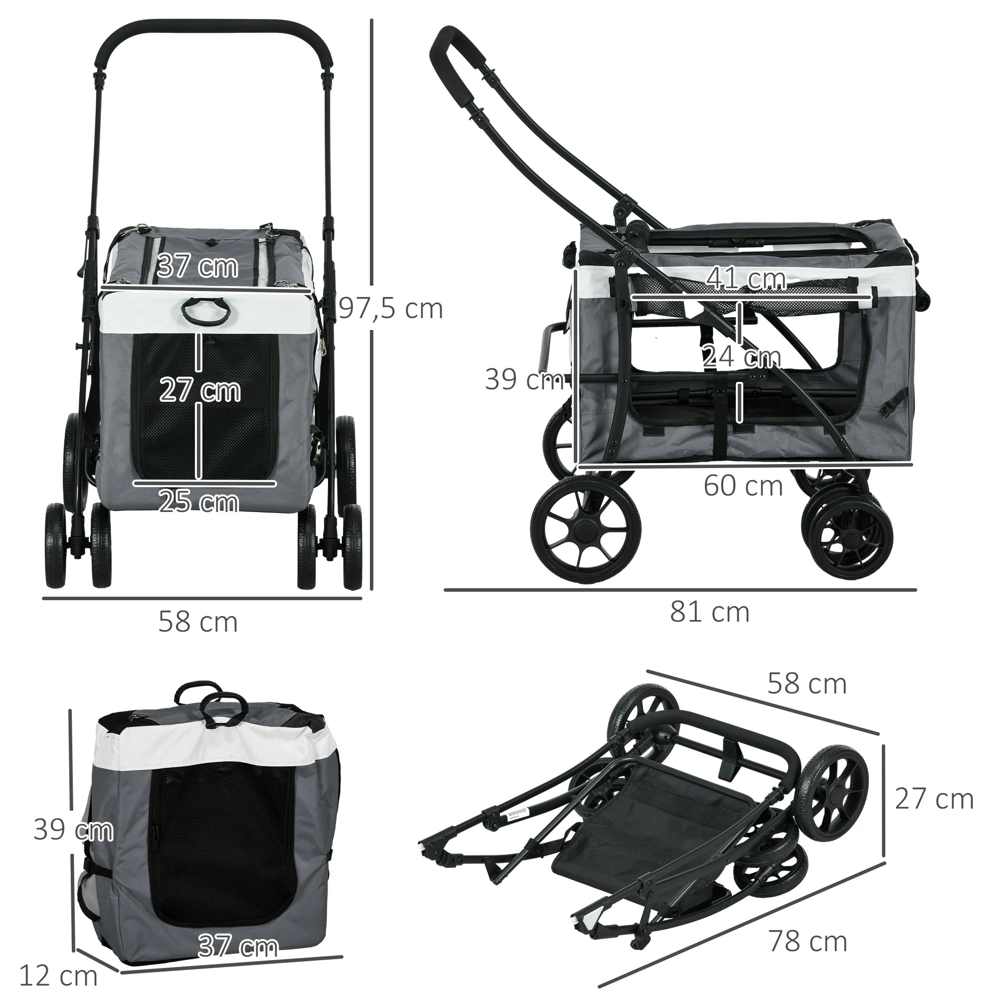 PawHut foldable stroller animals dog cat 2 1, removable nacelle 4 wheels with fabric brake 600D Oxford 81x58x